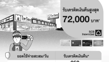 รับเครดิตเงินคืนสูงสุด 72,000 บาท เมื่อซื้อสินค้าที่ร้านไทวัสดุ และชำระผ่านบัตรเครดิตไทยพาณิชย์