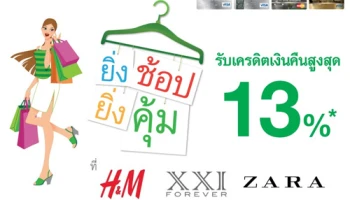 ยิ่งช้อป ยิ่งคุ้ม!! รับเครดิตเงินคืนสูงสุด 13% ที่ H&M, XXI FOREVER และ ZARA จากบัตรเครดิตกสิกรไทย