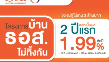 โครงการบ้าน ธอส. เราไม่ทิ้งกัน ดอกเบี้ยคงที่ 2 ปีแรก 1.99% ต่อปี ผ่อนสบายสูงสุด 40 ปี
