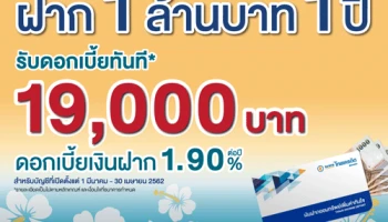 โปรโมชั่นเงินฝากออมทรัพย์เพิ่มค่าทันใจ รักษายอด 12 เดือน อัตราดอกเบี้ยสูงสุด 1.90% ต่อปี
