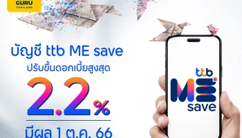 ทีทีบี ประกาศปรับขึ้นดอกเบี้ยบัญชี ttb ME save รับดอกเบี้ยสูงสุดรวมโบนัส 2.20% มีผล 1 ต.ค. 66