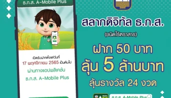 สลากดิจิทัล ธ.ก.ส. ฝาก 50 บาท ลุ้น 5 ล้านบาท เปิดรับฝากตั้งแต่วันที่ 17 พ.ย. 65 เป็นต้นไป