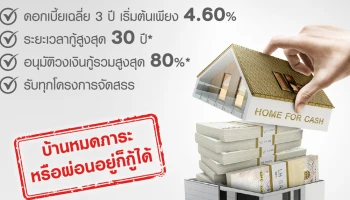 บ้านหมดภาระ หรือผ่อนอยู่ก็กู้ได้ เปลี่ยนบ้านเป็นเงินก้อน ดอกเบี้ยเริ่มต้นเพียง 4.60% ต่อปี
