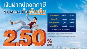 เงินฝากประจำปลอดภาษี ธ.ไทยเครดิต รับดอกเบี้ยเต็มๆ สูงสุด 2.50% ต่อปี*
